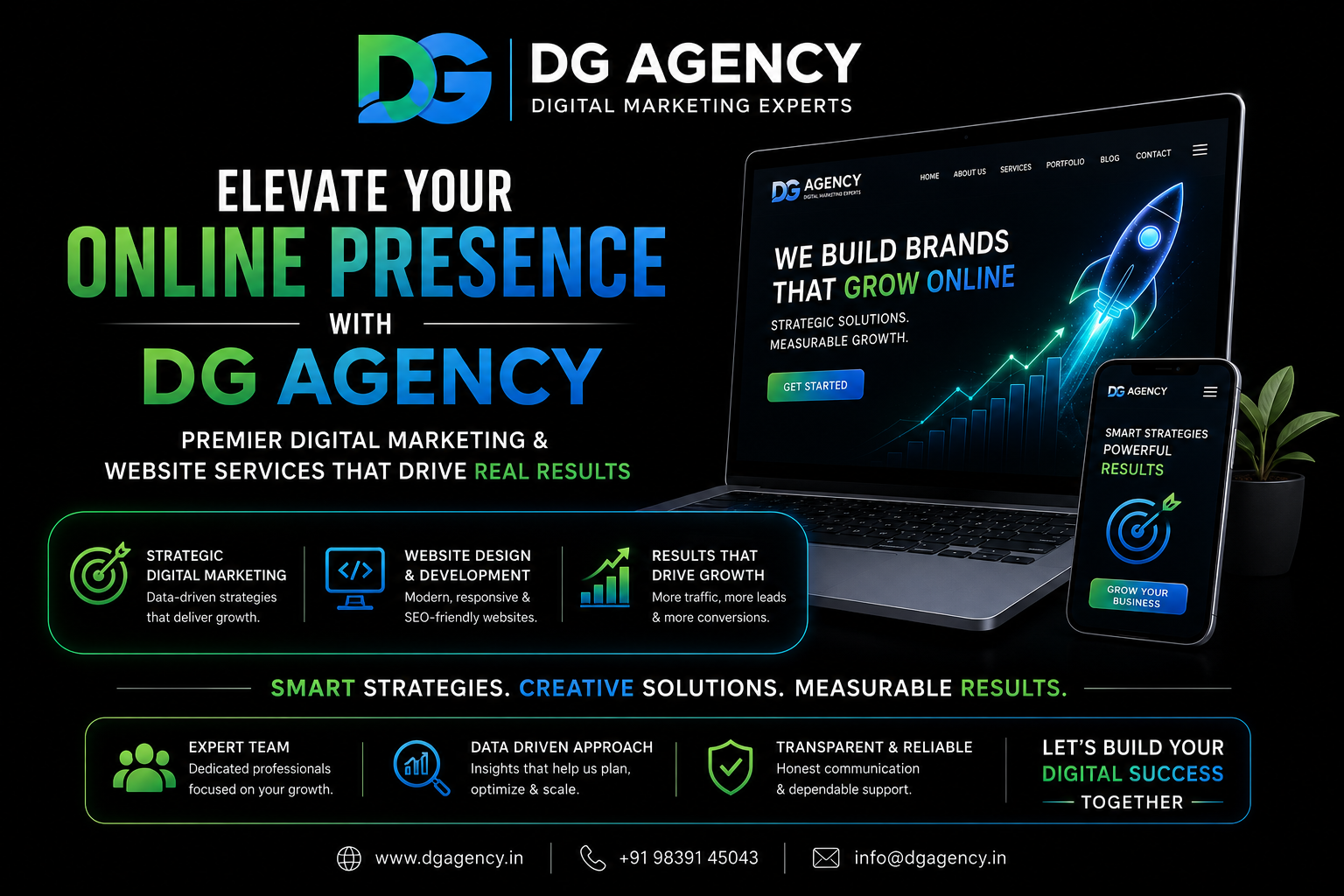 DG Agency digital marketing featured image showcasing SEO, website development, branding, Google Ads, social media marketing, and online business growth on premium black background